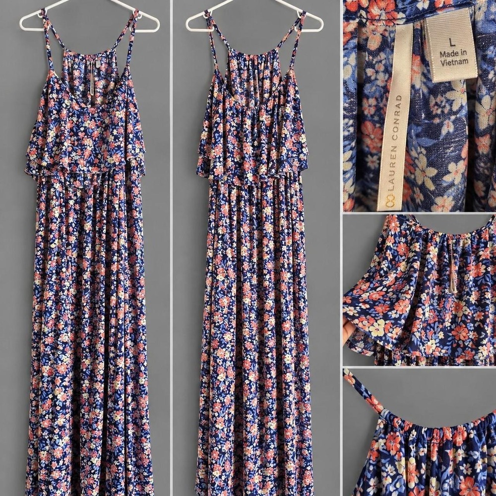 Lauren Conrad Floral Maxi Dress Womens Large Navy Blue Ruffle Boho Spaghetti